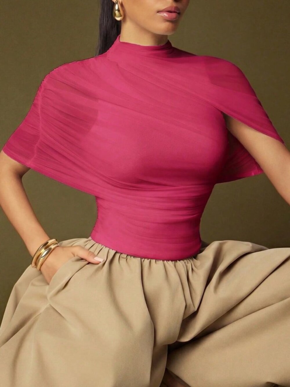 Hot Pink Casual Women's Mesh Asymmetrical Draped Sleeve Mock Neck Top